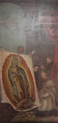 Juan Diego, enseñando el ayate con las rosas del Tepeyac, con la aparición de la Virgen a Fray Juan de Zumárraga