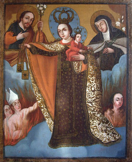 Virgen del Carmen intercesora de ánimas con santa Teresa y san José
