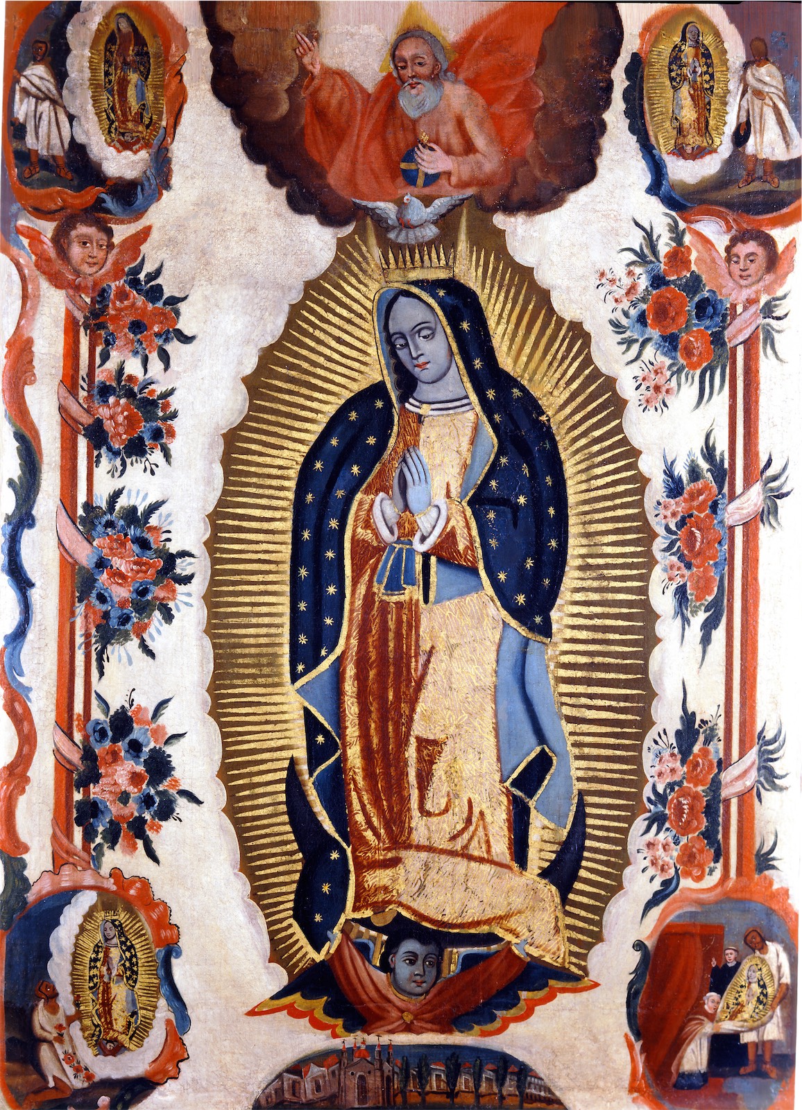 Virgen de Guadalupe con las cuatro apariciones y Padre Eterno
