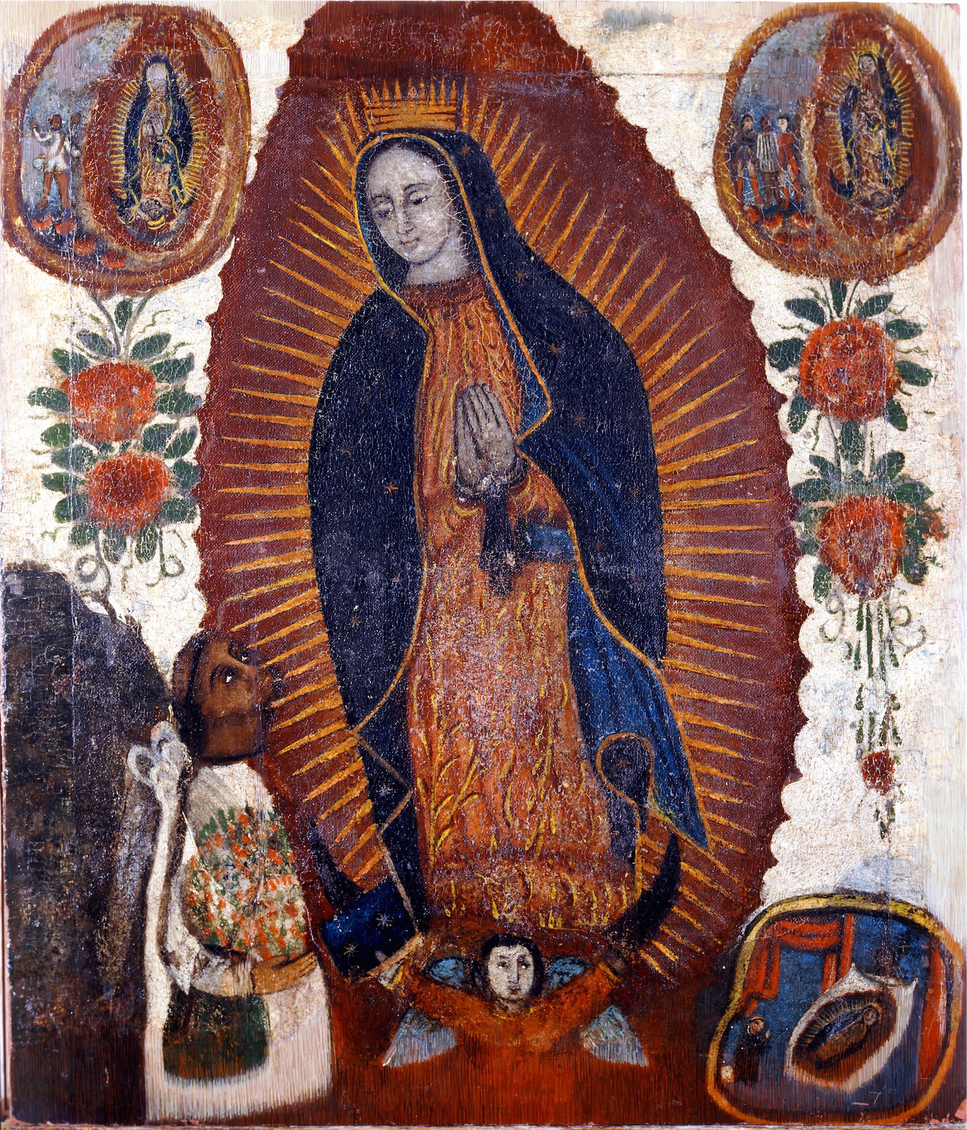 Virgen de Guadalupe con tres apariciones y Juan Diego