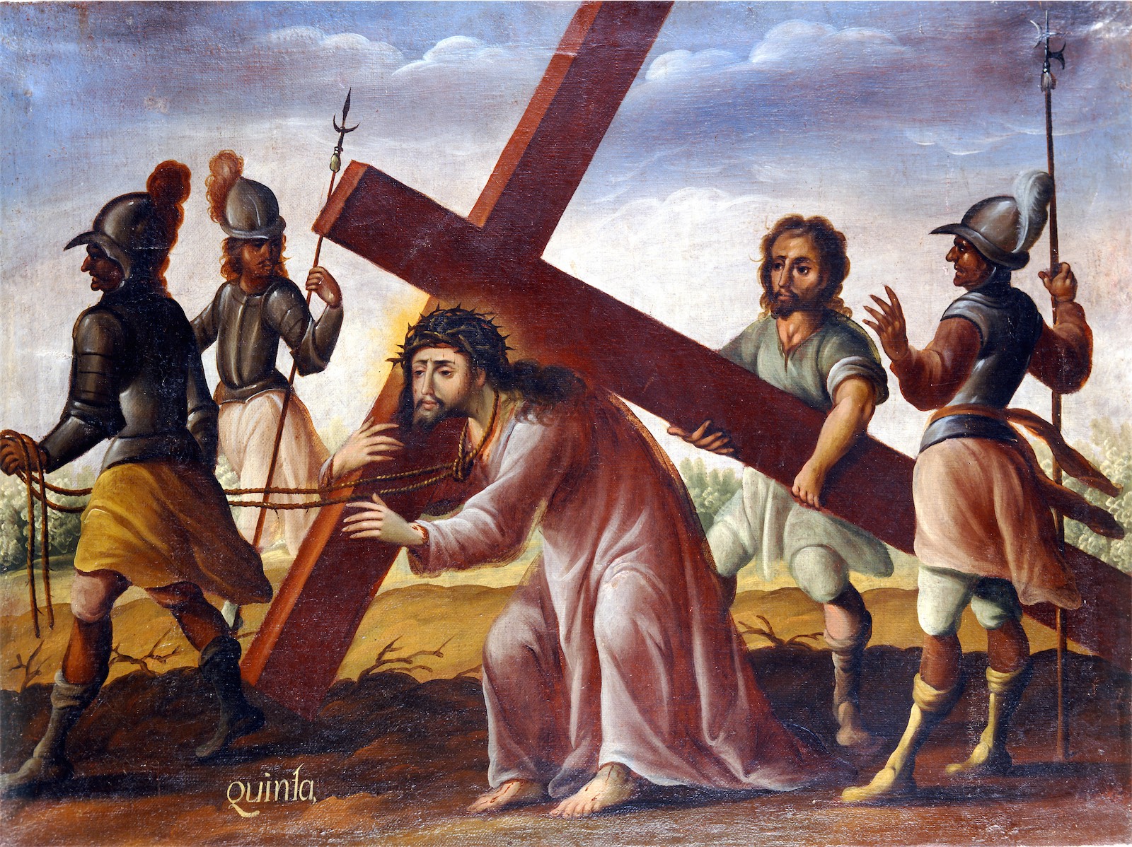 Simón Cirineo ayuda a Jesús a llevar la cruz