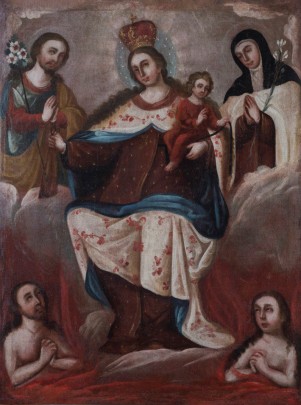 Virgen del Carmen intercesora de ánimas con santa Teresa y san José