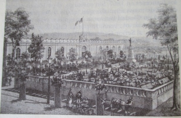 Litografía del Jardín Bravo, frente del Palacio de Gobierno de Guerrero