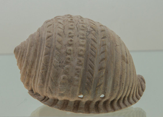 Pectoral caracol marino con decoración geometrica y bandas de chalchihuitles