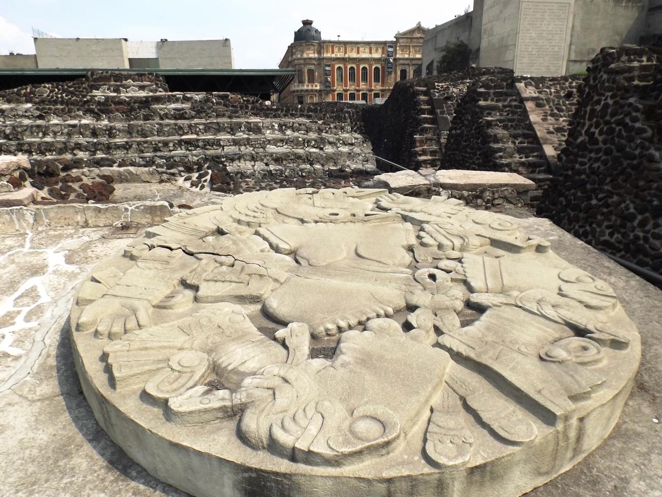 La Coyolxauhqui at the foot of the steps of the temple of Huitzilopochtli (south side of the Templo Mayor)